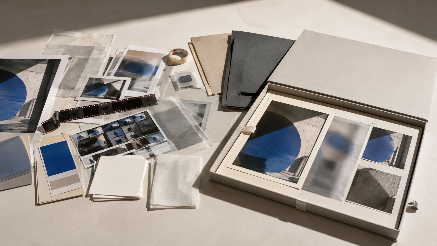 A chain of scattered creative materials converges into one clean portfolio case, showing how a deliberate migration can replace repeated workflow friction.