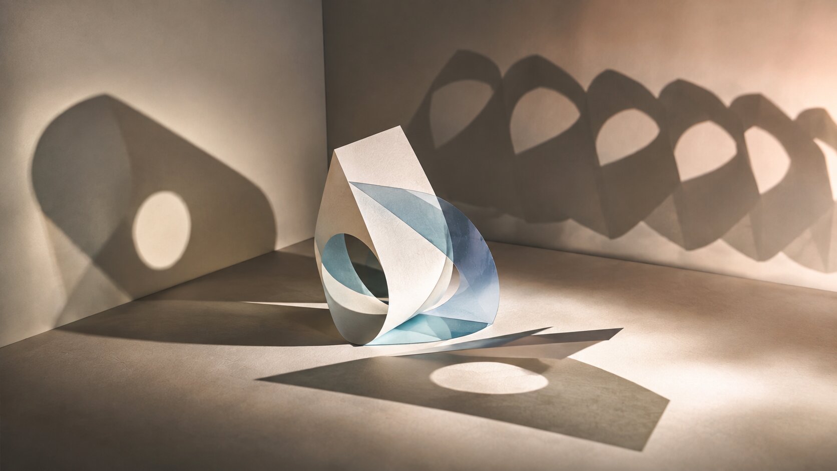A single sculptural paper object casts several distinctly different shadows across a gallery-like surface while the object itself remains unchanged.