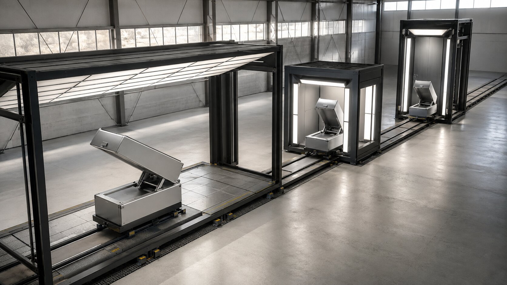 A single prototype moves through three differently shaped production bays, showing how one verified product update should be deliberately recomposed for separate campaign formats.