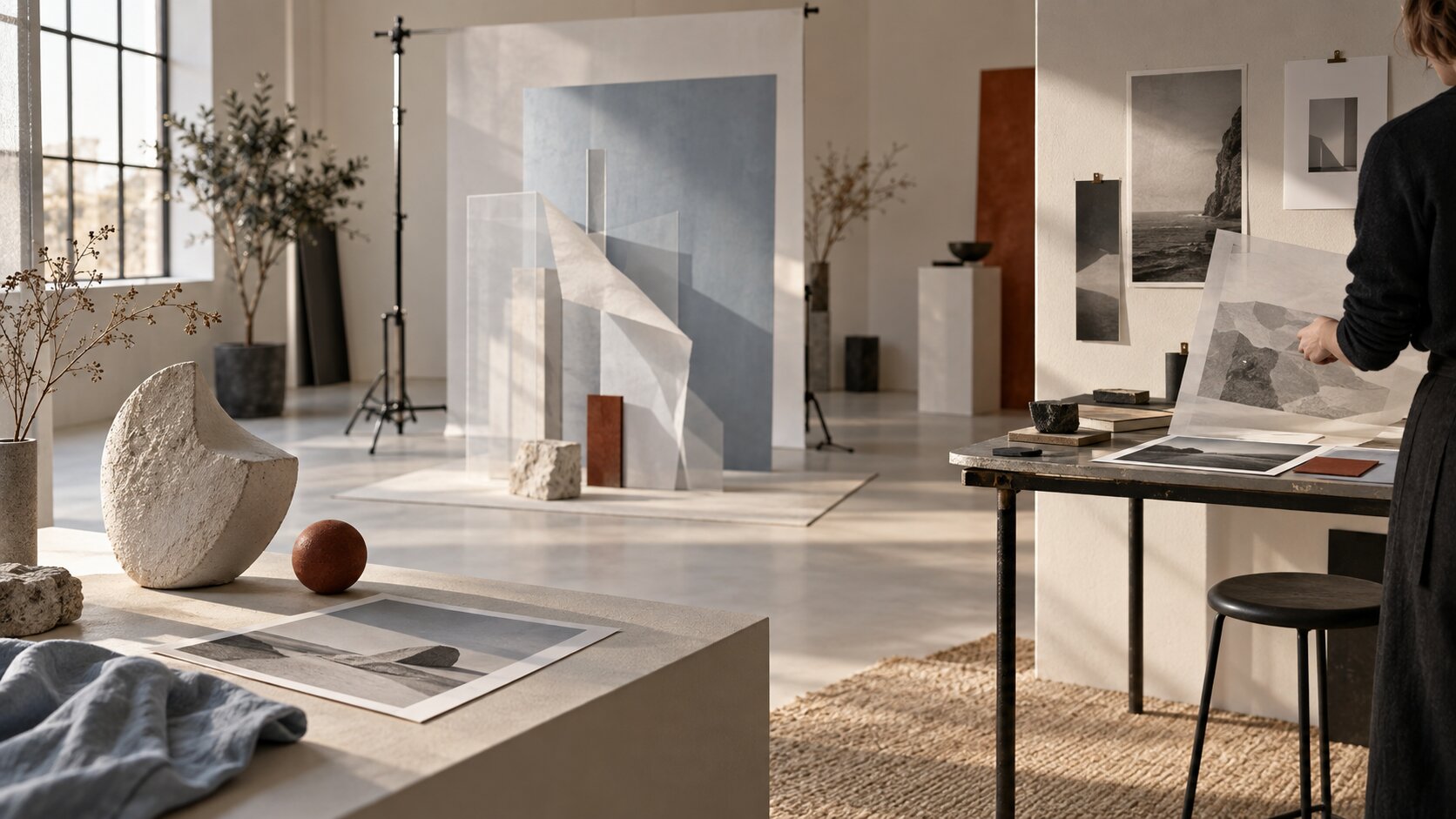 A creative studio contains several distinctly different editorial photo sets that share the same lighting, palette, and art direction.