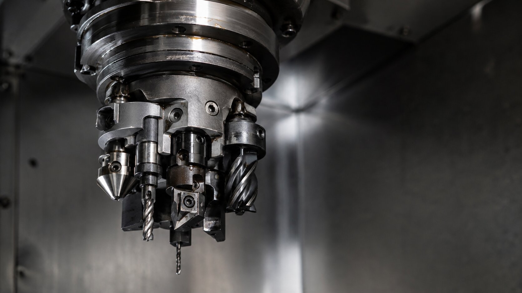 A precision CNC tool holder is overloaded with several incompatible cutting heads, representing the mistake of forcing one case study visual to communicate every part of a customer story at once.