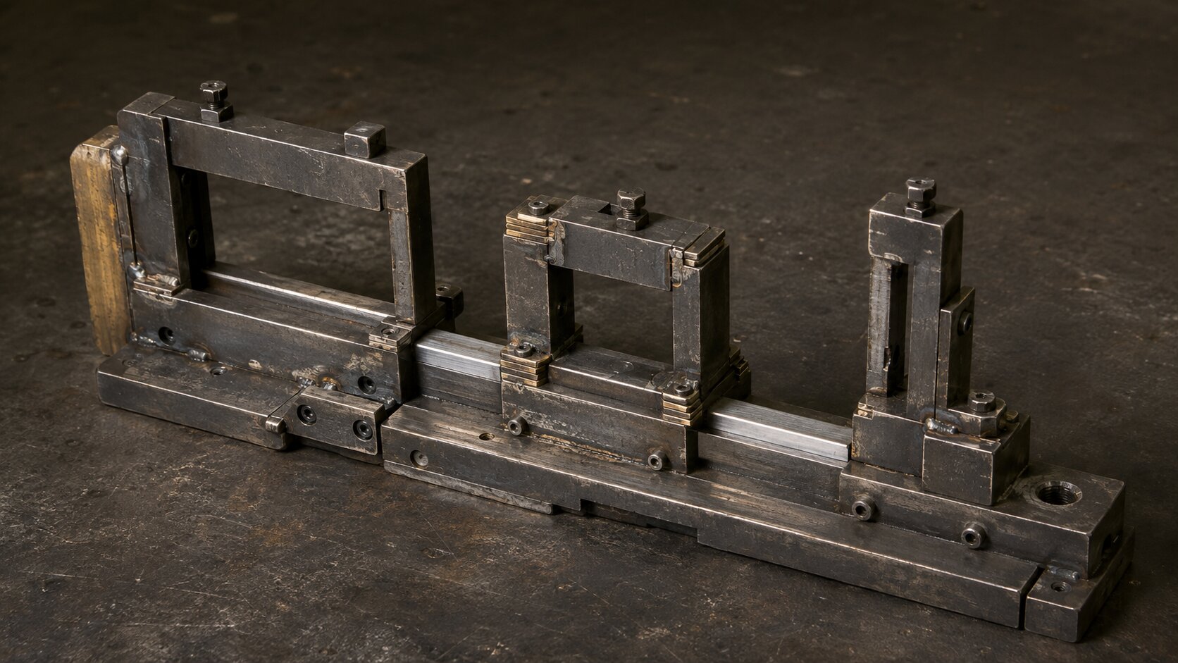 A misaligned master registration fixture carries layers of corrective metal shims, showing how repeated asset-level fixes accumulate when the underlying creative system is never corrected.