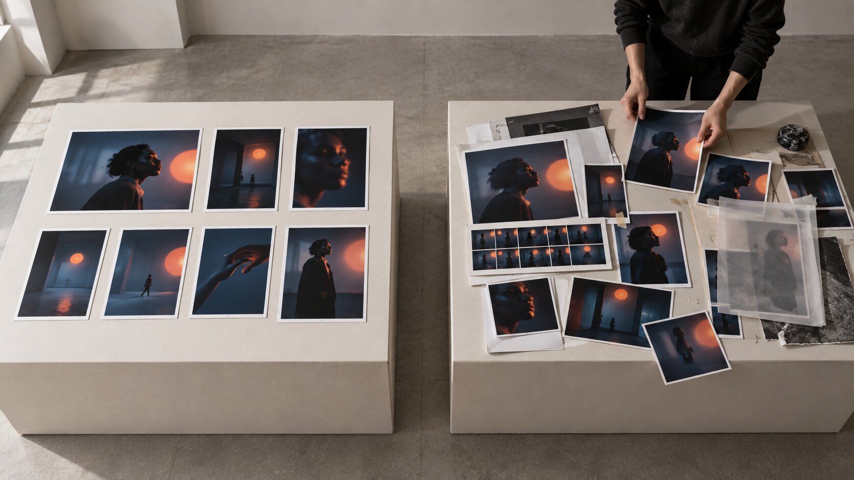 Two parallel creative project displays contrast a pristine untouched set of assets with a naturally evolving version containing drafts, revisions and signs of real creative activity.