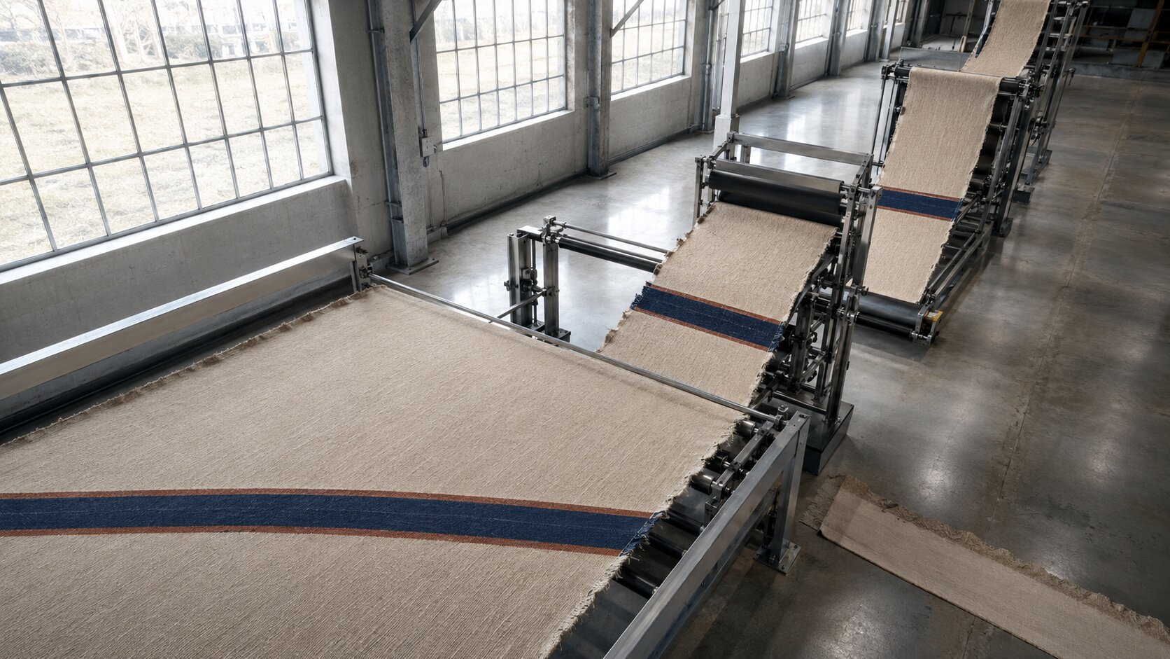 An empty textile production line reshapes one continuous woven identity into wide, square, and vertical compositions without cutting away its defining stripe.