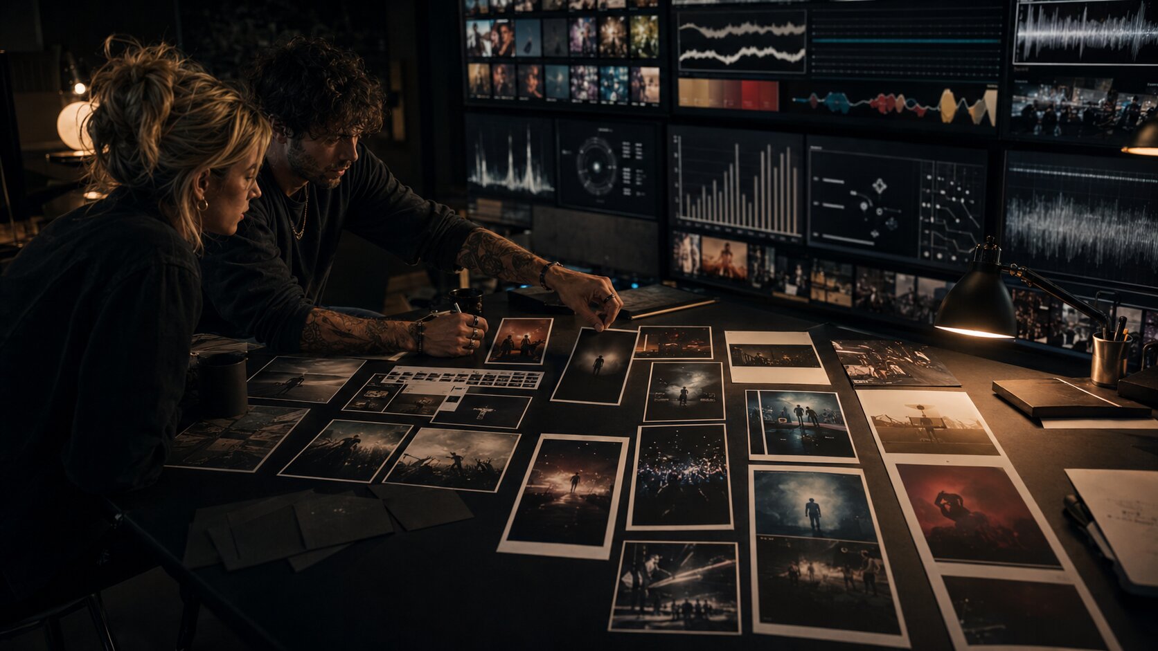 Creative team curating post-release music content using audience reactions and AI-generated asset variations