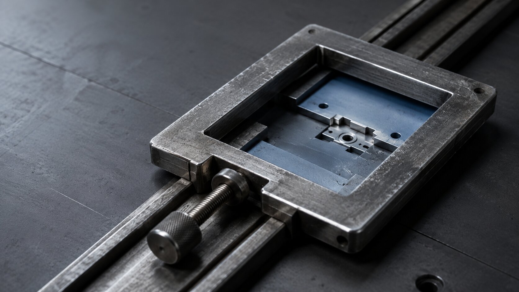 A worn steel crop gate isolates one clear product state from a wider cluttered field, representing the need to show one focused SaaS outcome instead of the entire interface.