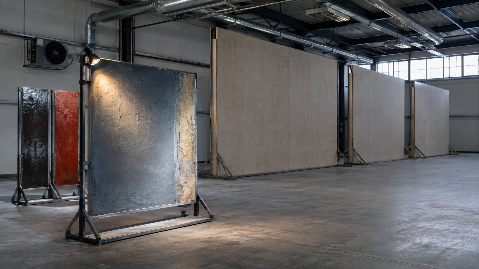 A working scenic fabrication bay uses one small approved test section before a row of unfinished campaign-scale surfaces, showing why creative direction should be settled before full production begins.