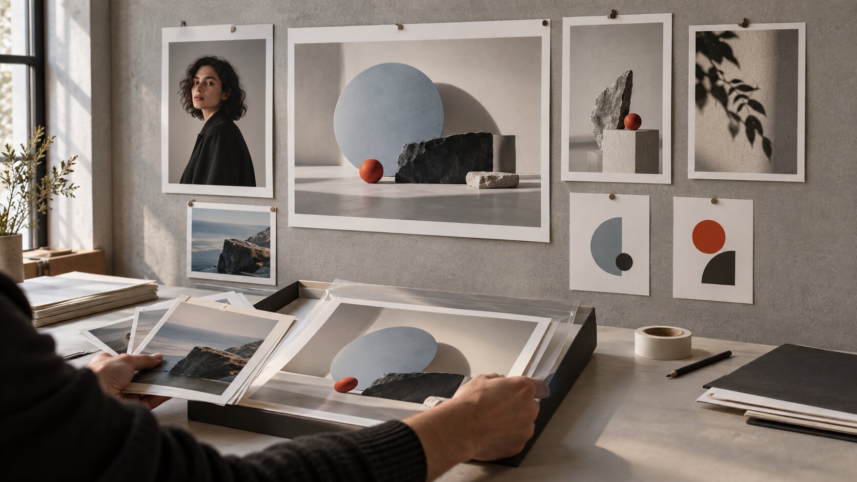 A creative director organizes a small set of launch photographs, portraits, logo sheets, and supporting visuals on a studio wall for easy media use.