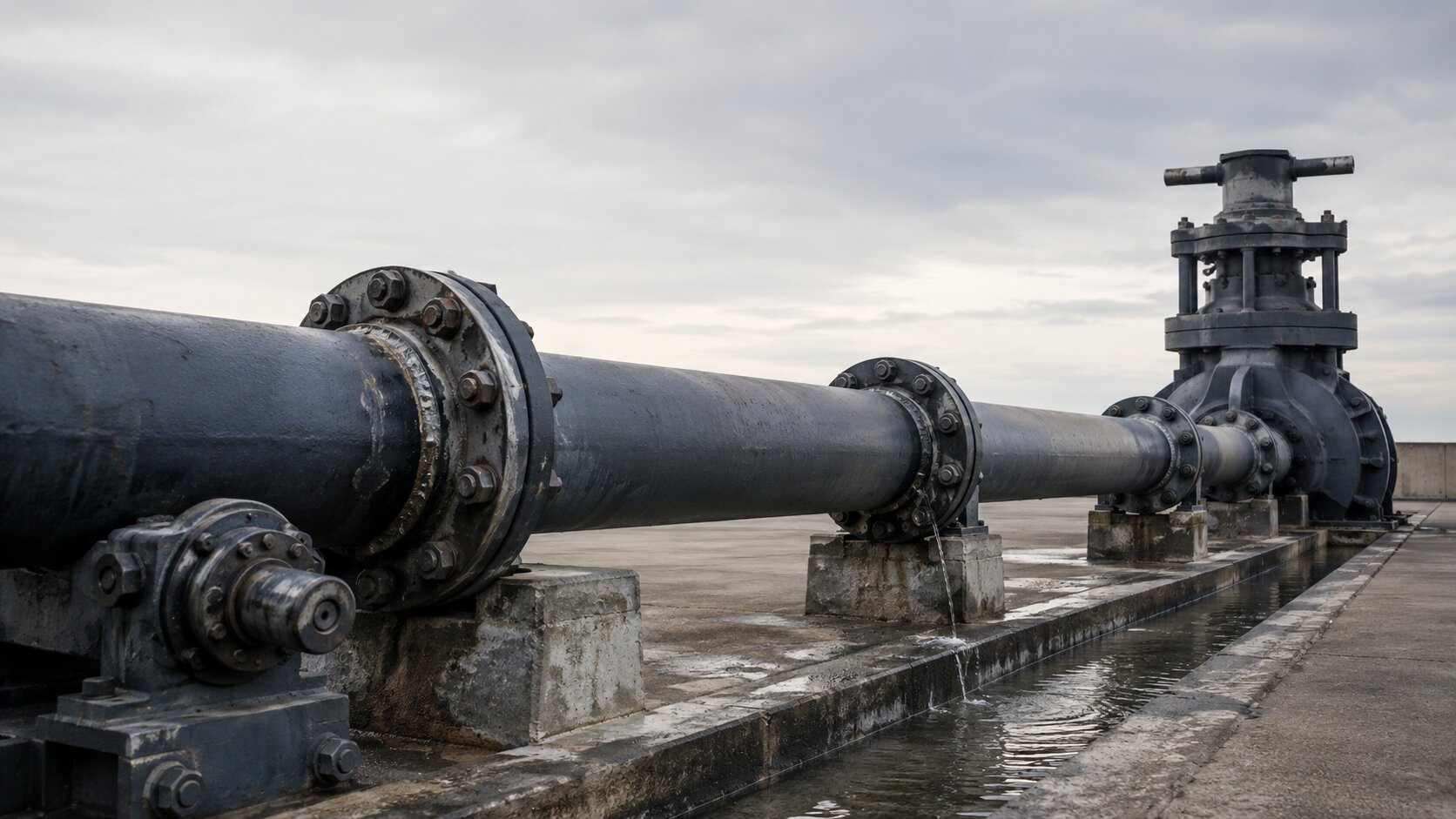 A pressurized steel pipeline reveals a small gasket leak while the final release valve remains closed, representing an internal rehearsal catching a launch problem before customers encounter it.