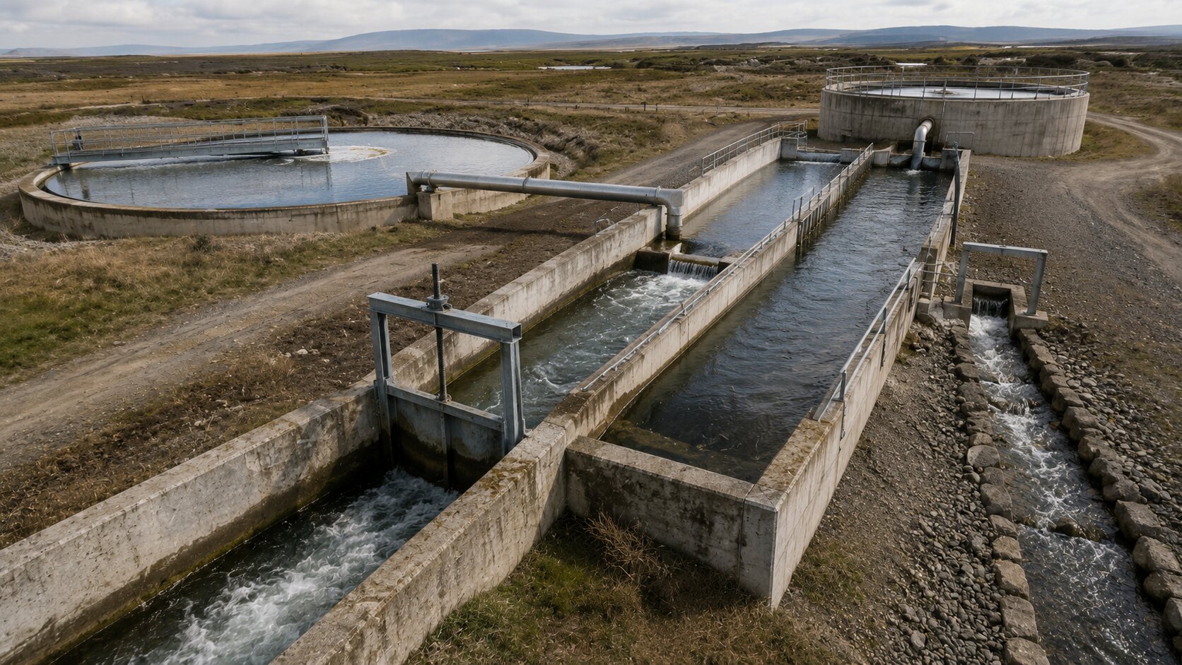 A full-scale hydraulic routing facility shows one flow passing through collection, controlled processing, external branching, storage, and final drainage, representing a privacy explanation that keeps important data boundaries visible.