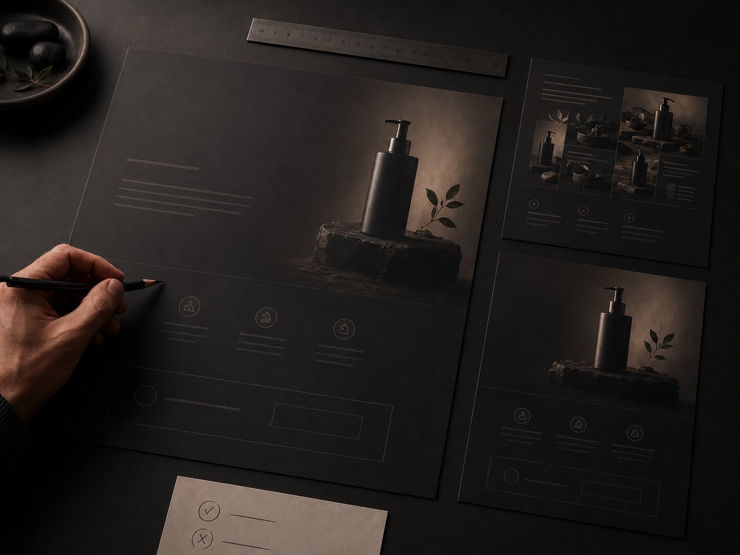 Product messaging translated into visual hierarchy for AI-assisted landing page assets
