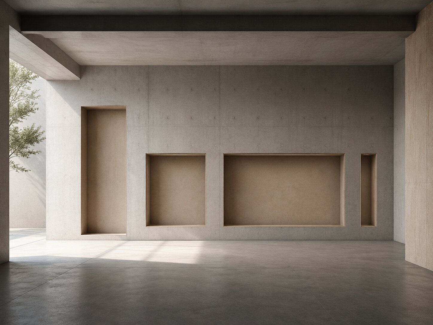 A quiet physical production room with architectural bays representing different content asset types