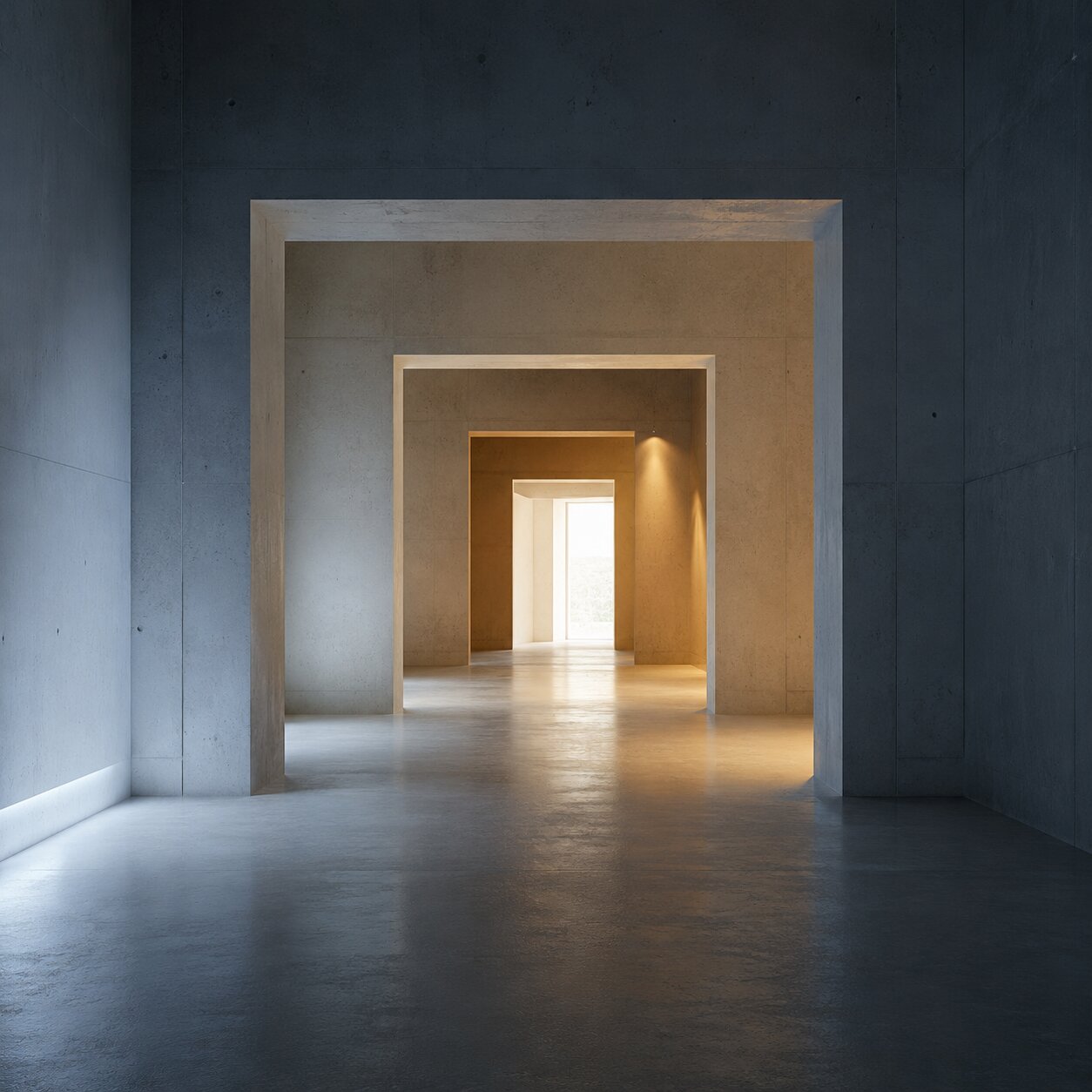 An empty architectural space showing a launch campaign story moving through connected stages