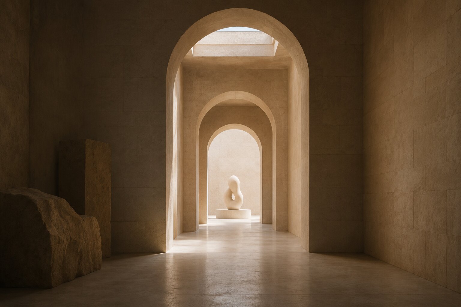 A quiet studio pathway showing a complex product idea becoming clear through physical space