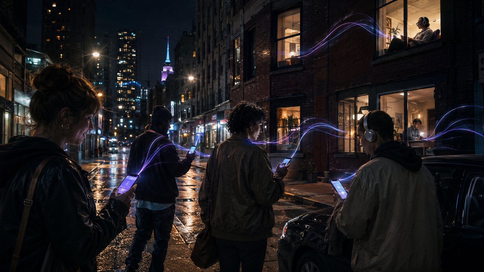 Real listeners organically sharing and saving a new song in a cinematic nighttime city scene