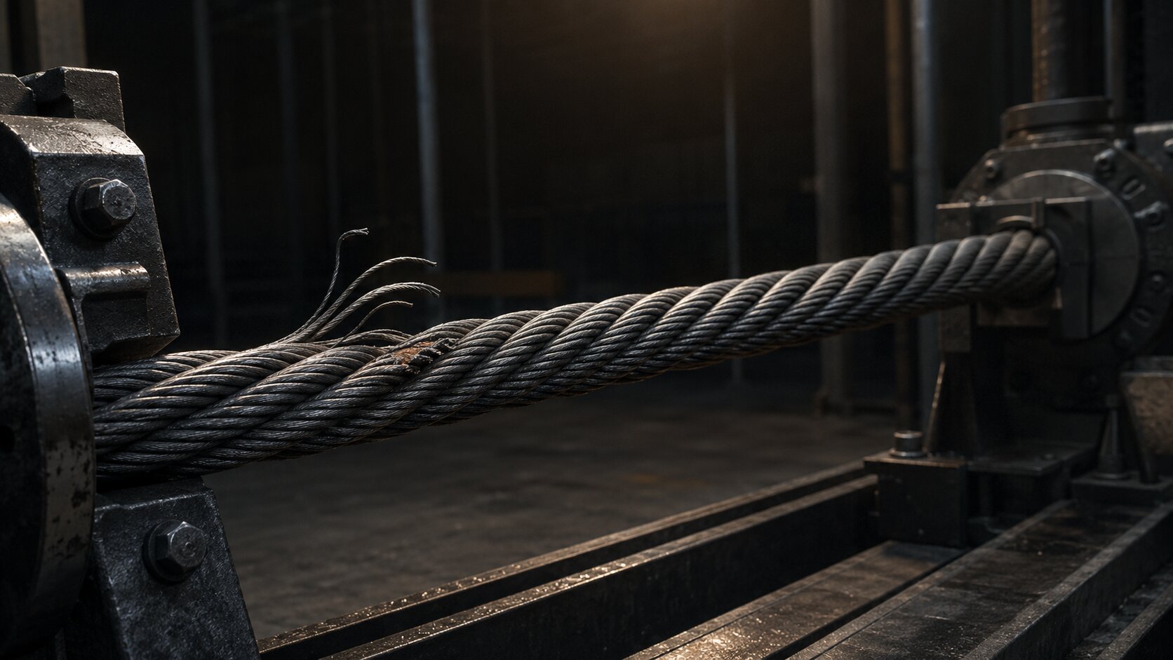 A tensioned braided cable carries a heavy load despite one damaged strand because the remaining structure redistributes the force, representing reliability as detection, recovery, and resilience rather than perfection.