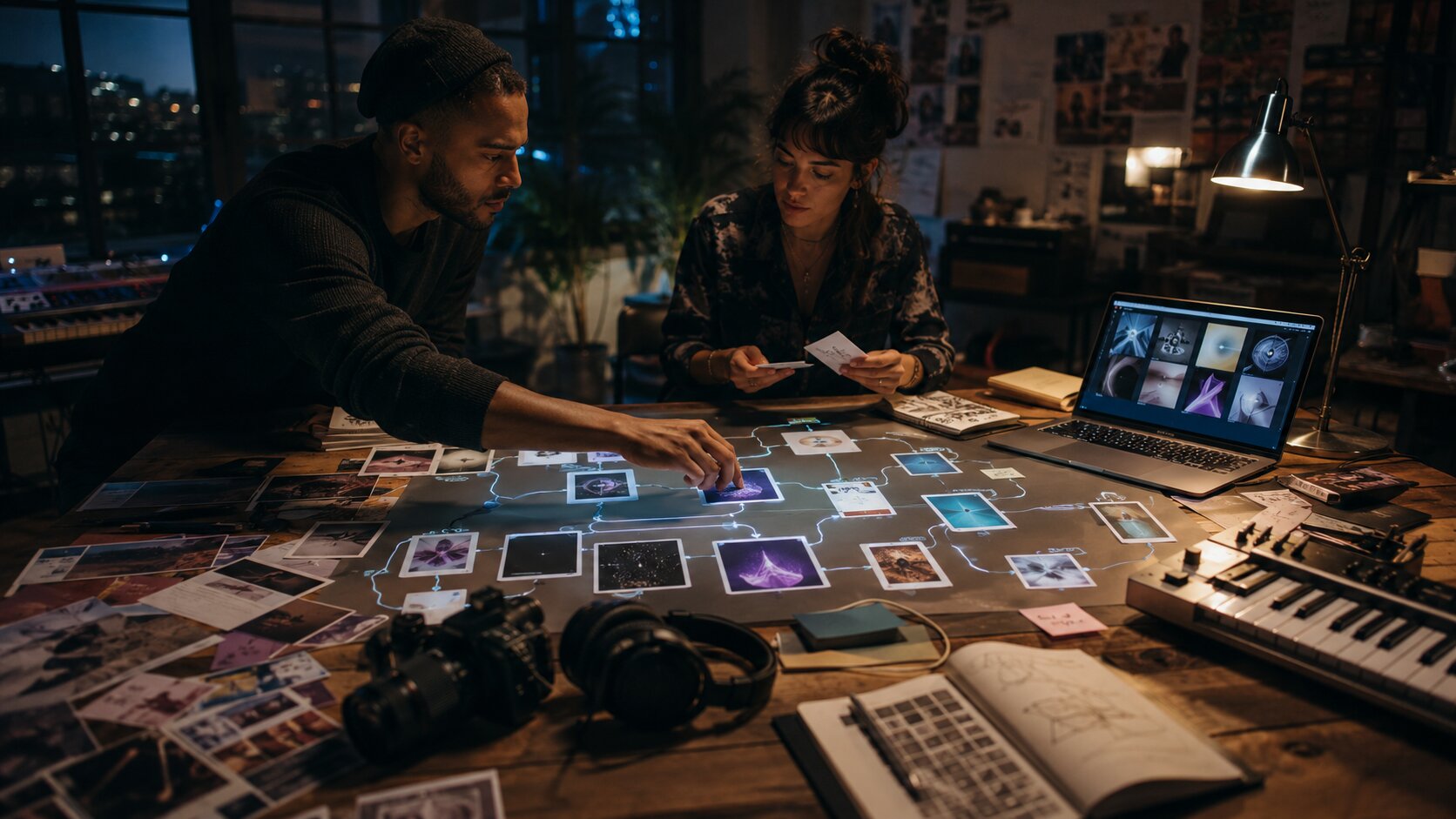Creator building a repeatable AI creative system in a cinematic modern studio