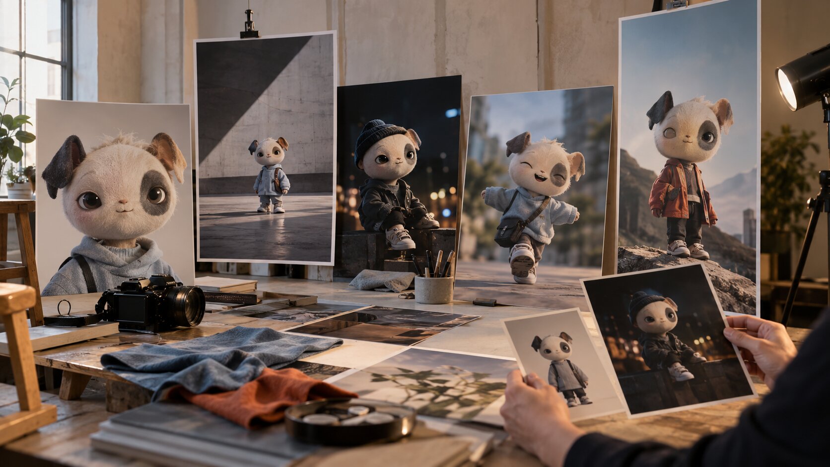 A creative studio displays the same fictional character across dramatically different photographic scenes while a designer compares the results for consistency.