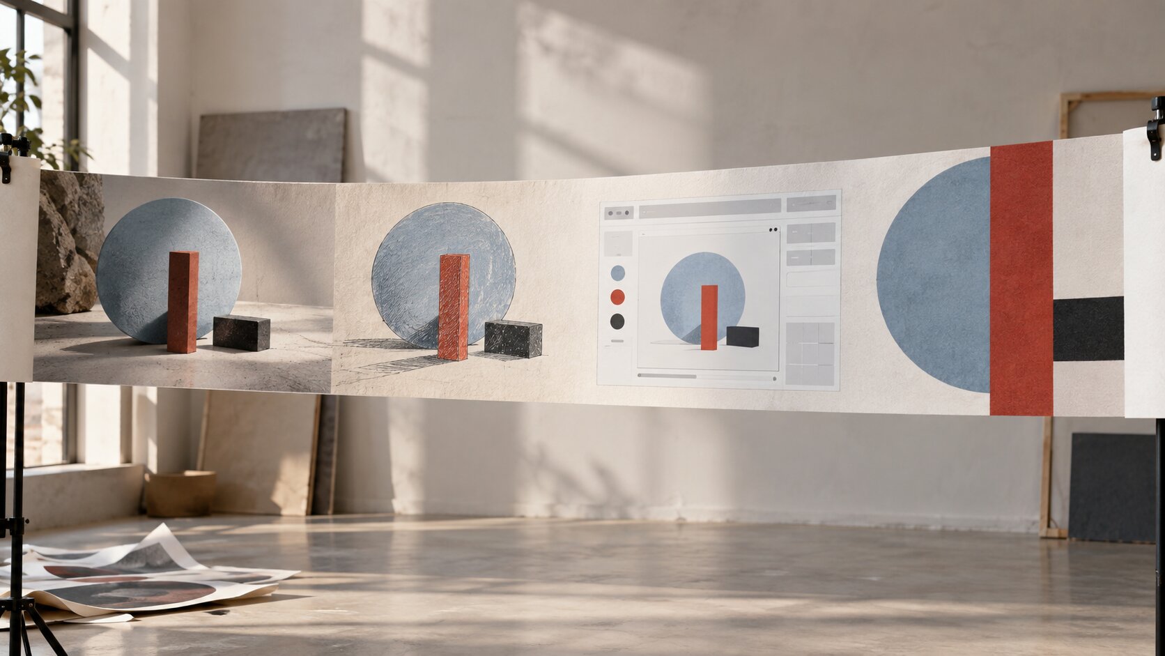 A continuous creative image physically changes from photography into illustration, interface design, and abstract artwork across one long print.
