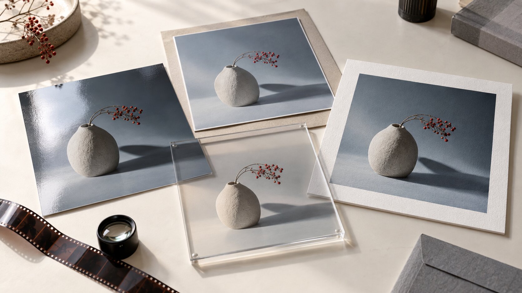 The same fictional photograph appears as four differently treated physical prints, showing how one image can be prepared for different digital formats.