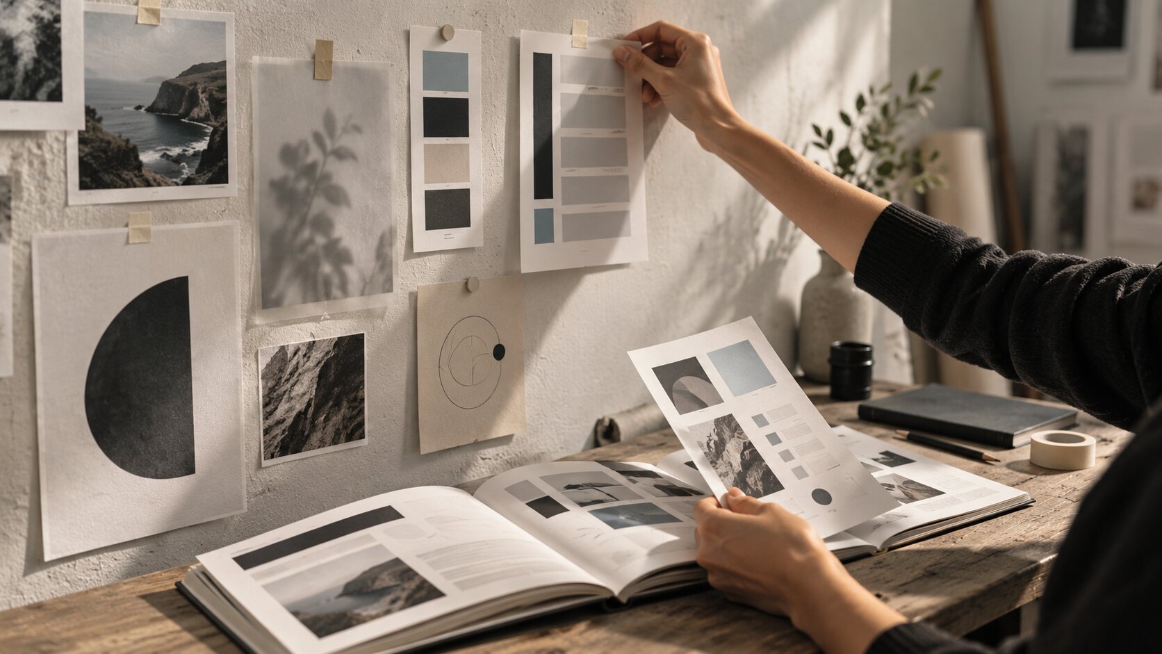 A creator pulls one useful page from a printed guide and adds it to an active visual reference wall in a small studio.