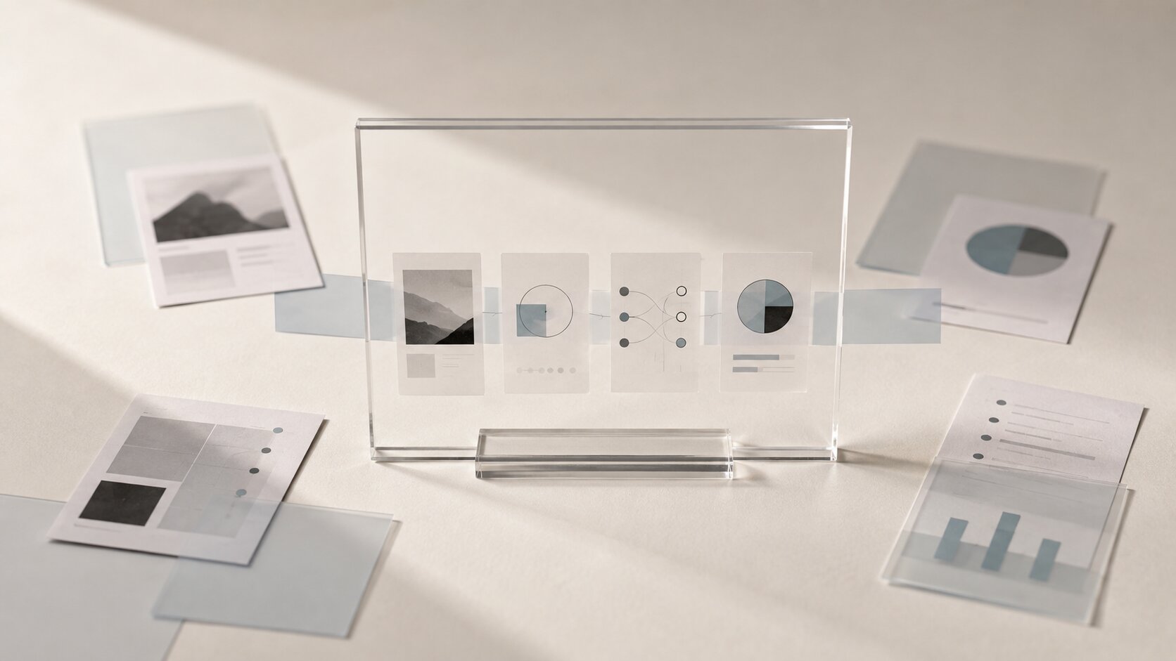 Several fragmented interface-like image panels align into one clear visual sequence when viewed through a transparent central frame.