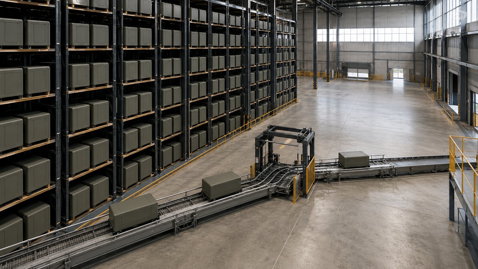 An industrial fulfillment line selects only a few relevant modules from a much larger storage system and routes them into one compact sequence, representing sales teams showing only what matters to the buyer.