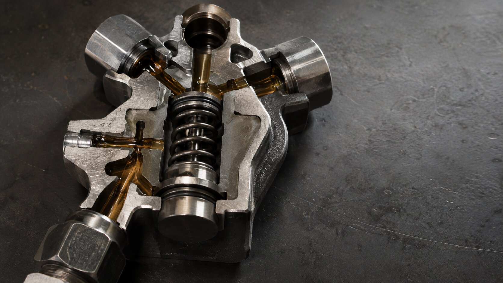 A precision mechanical valve opens several larger output channels only after sufficient pressure reaches its core, representing the decision to promote only product updates with meaningful user impact.