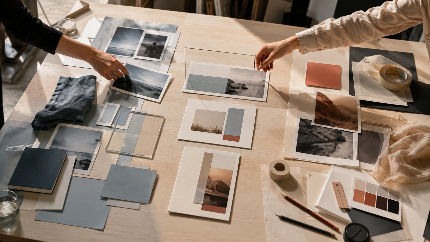 A creative campaign table keeps two groups of visual materials clearly separated while selected pieces meet in a shared central layout, showing how partners can collaborate without losing their individual identities.