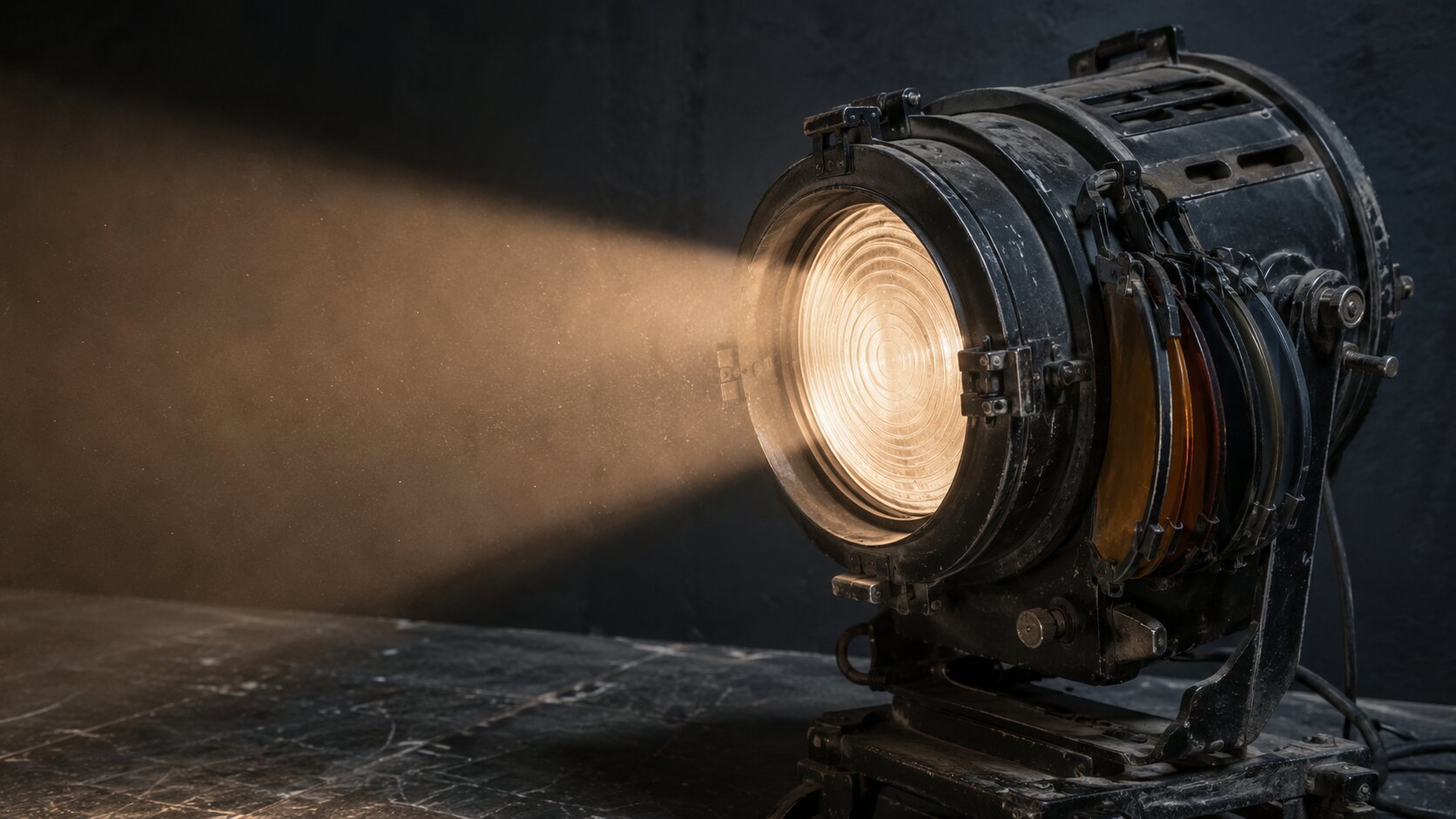 A worn Fresnel spotlight produces one clean beam after its excess filter layers are swung aside, representing an AI asset built around one dominant message.