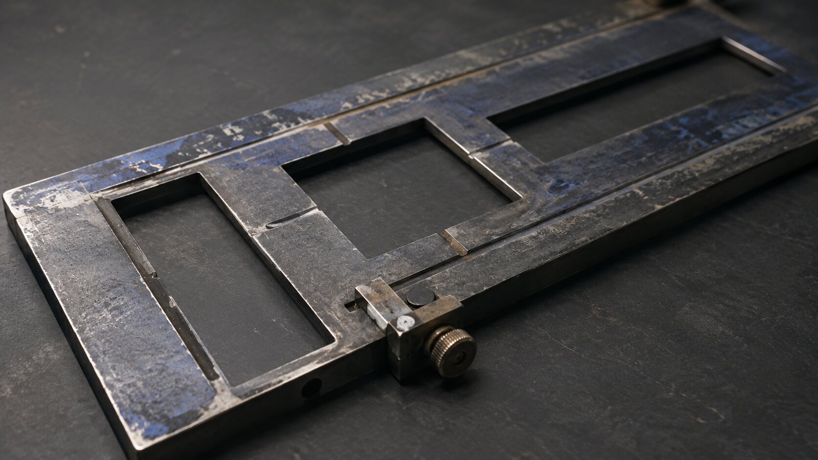 A worn metal registration stencil locks several differently shaped advertising cutouts into one consistent visual system, representing controlled creative variation instead of random generation.