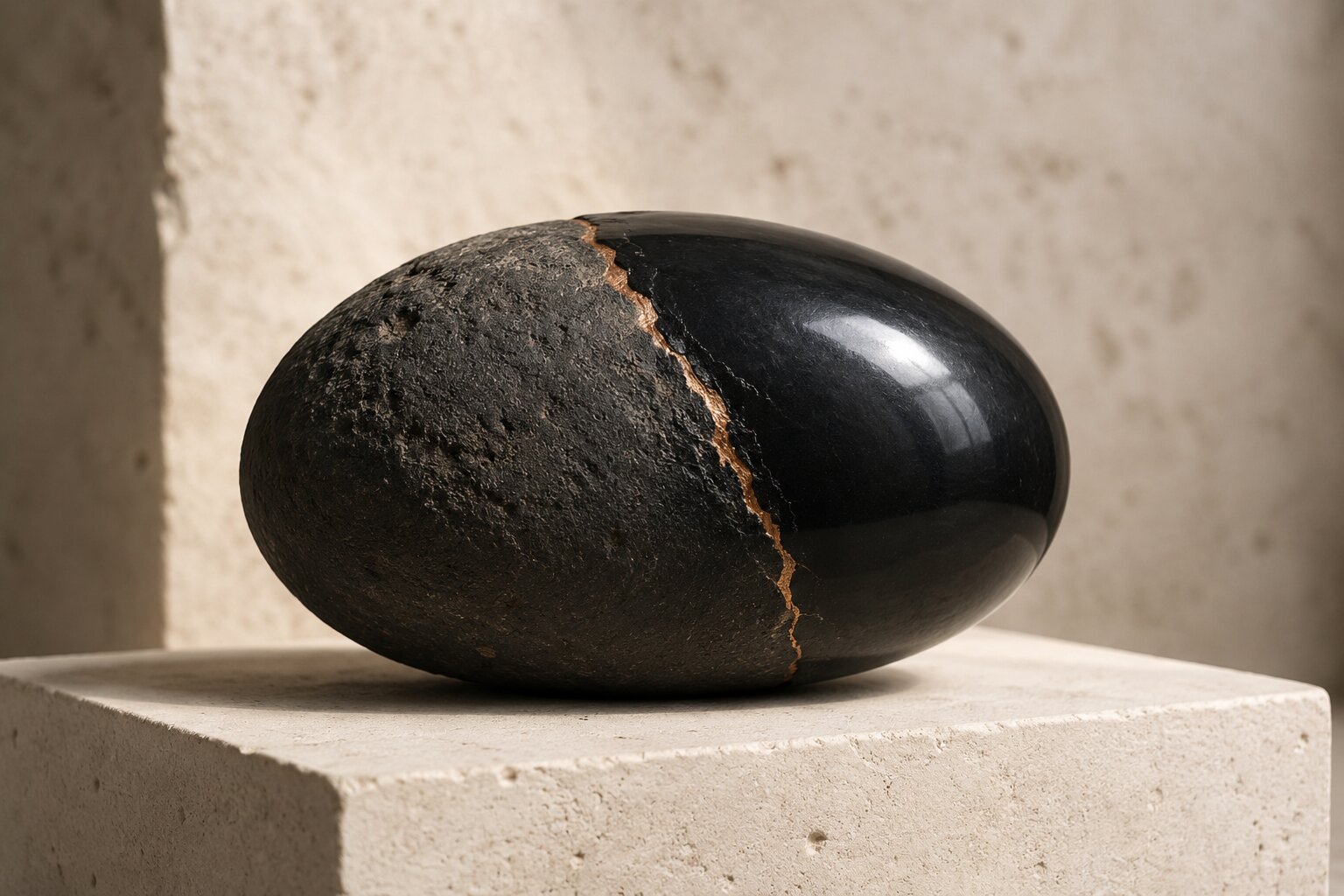 A single half-raw half-polished stone symbolizing behind-the-scenes work becoming a finished creative asset