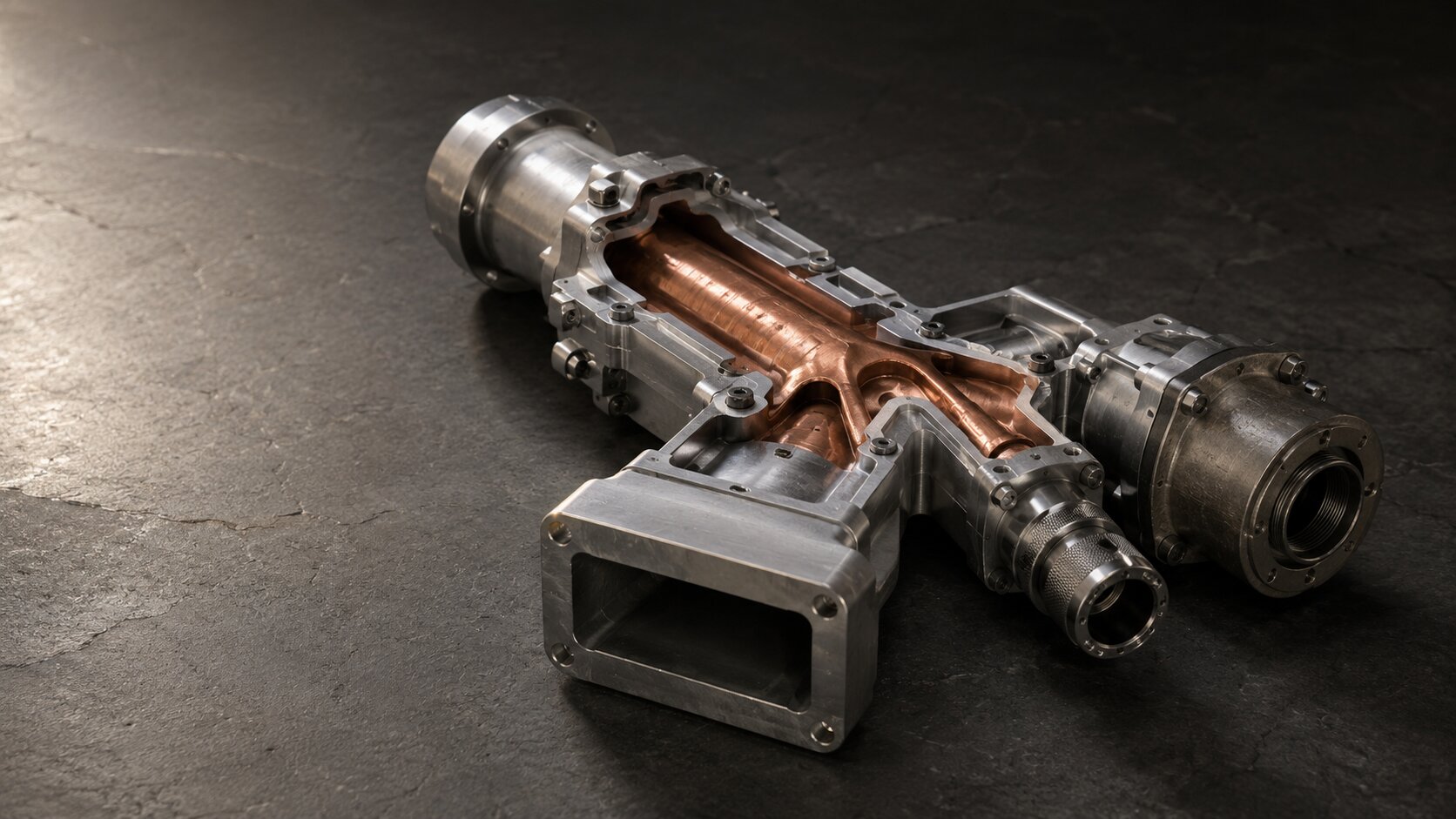 A precision three-way metal manifold distributes one unchanged central input through three purpose-built outlets, representing one verified product truth prepared differently for marketing, sales, and support.