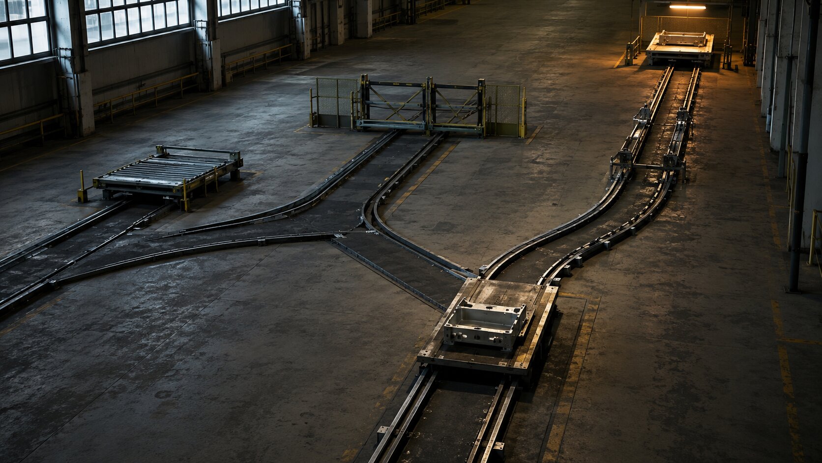 A quiet product testing bay contains several blocked routes and one verified path, representing the process of choosing a real, believable product state before creating marketing assets.