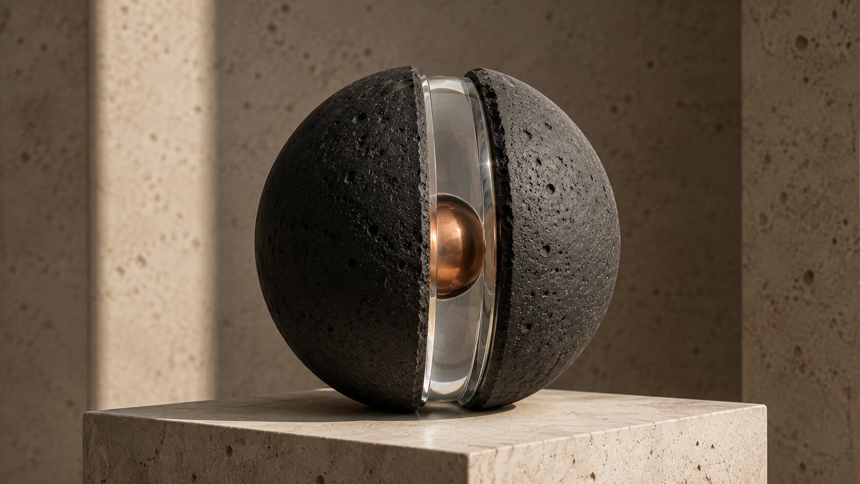 A split basalt sphere with a transparent inner seam symbolizing buyer doubt resolved through clear evidence
