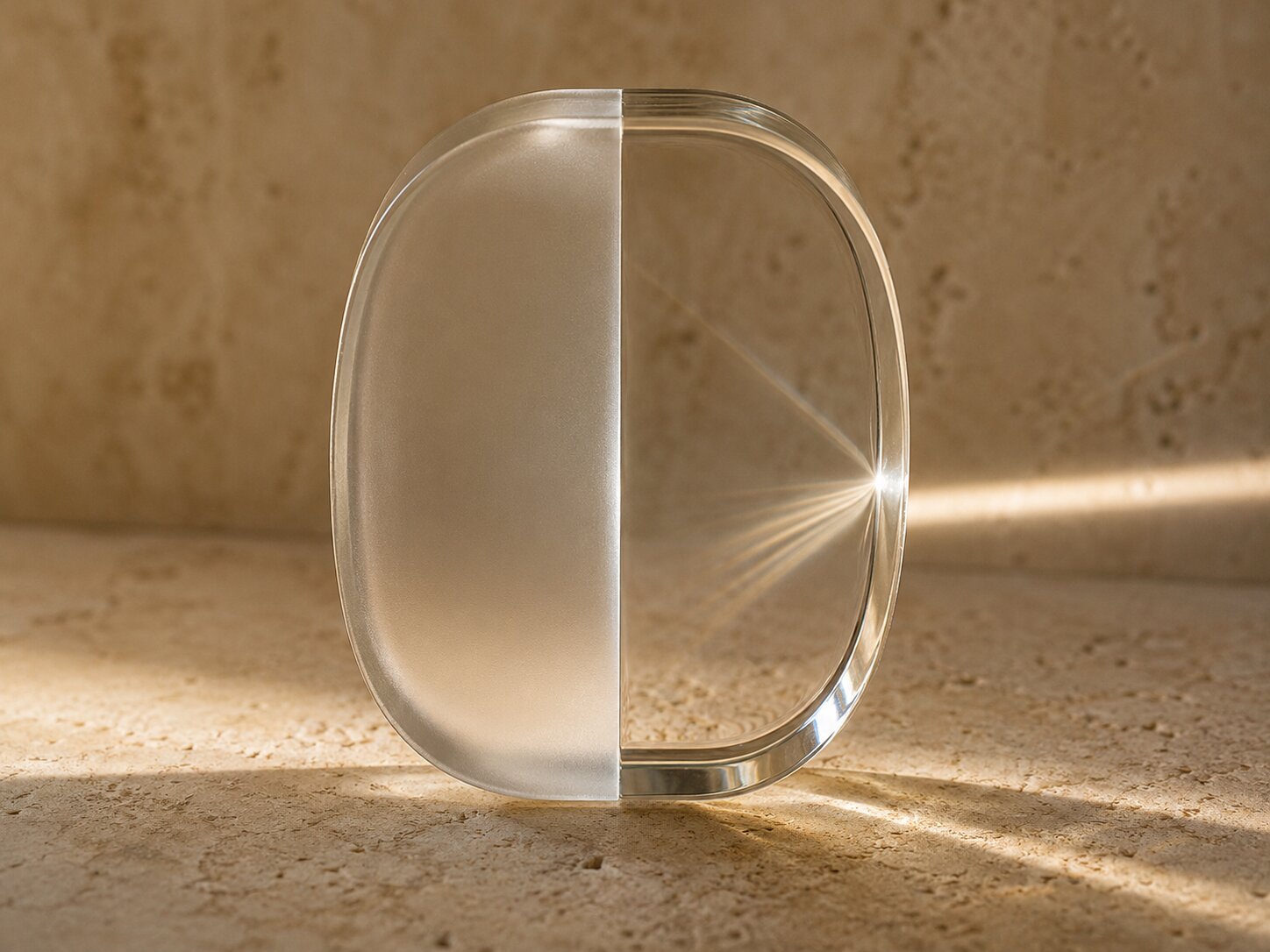A single split glass object showing two visual states without confusion