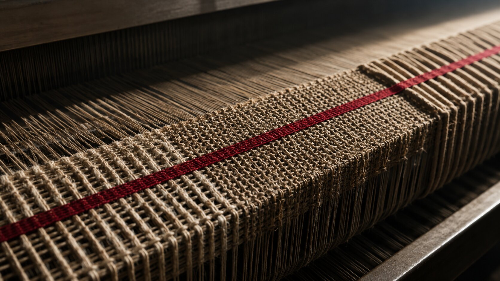 A continuous crimson warp remains stable while the surrounding textile weave changes structure, representing controlled campaign variations built around one consistent visual identity.
