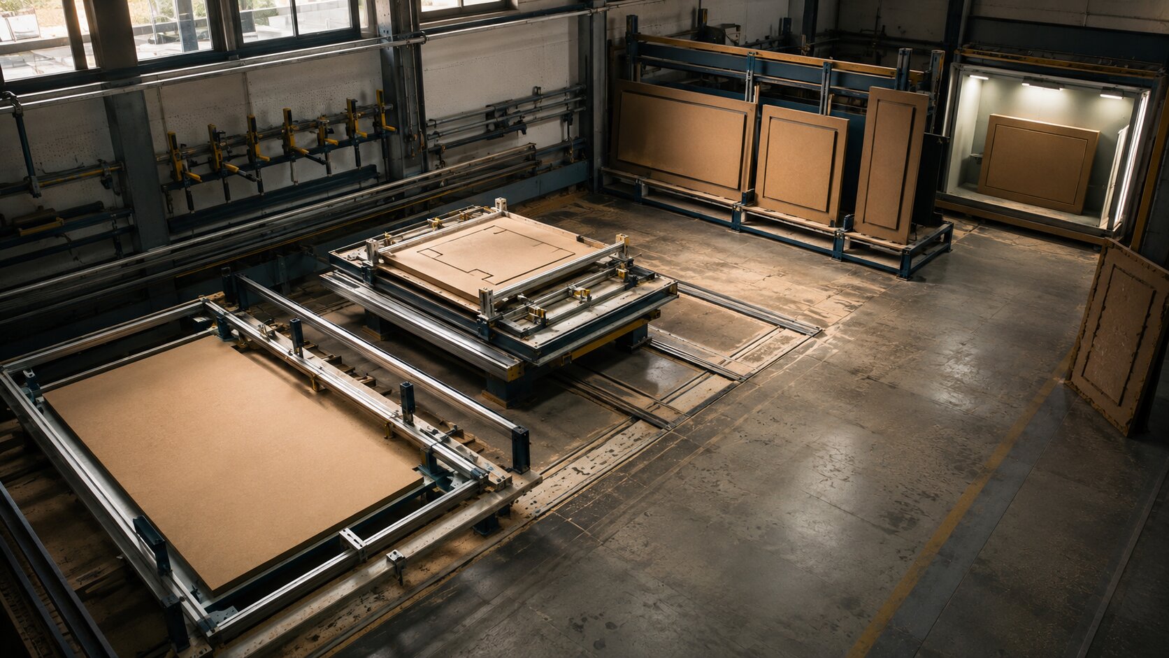 An orderly fabrication workshop moves one approved master form through separate production, adaptation, and inspection areas, representing a focused campaign workflow for a small team.