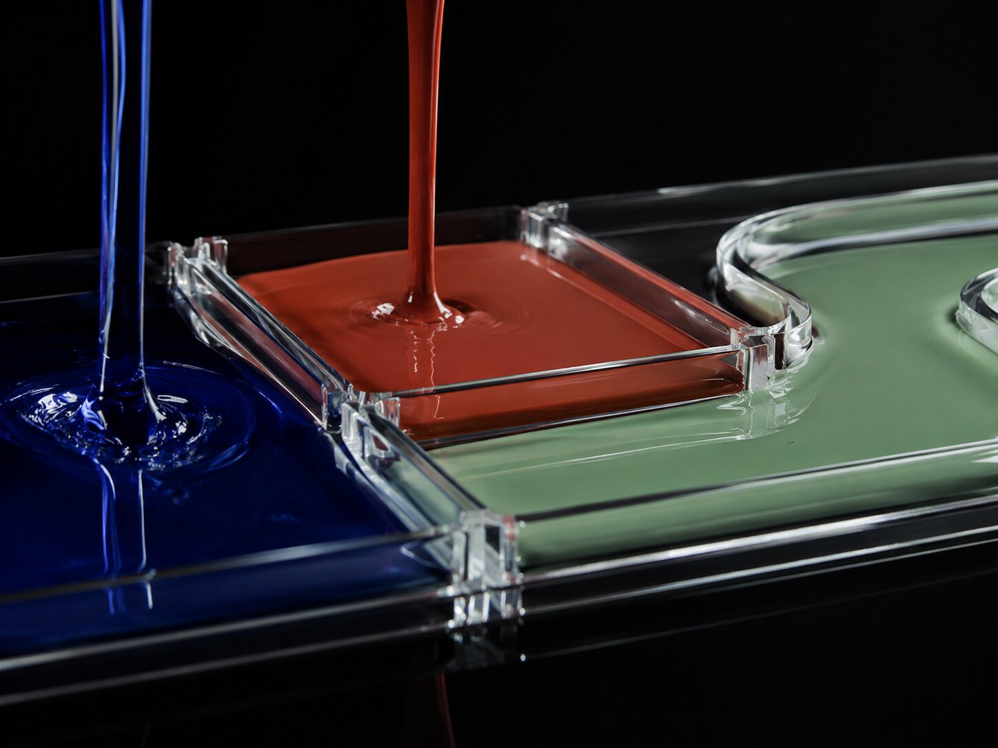 Abstract realistic liquid scene showing creative asset types separated into clear production paths