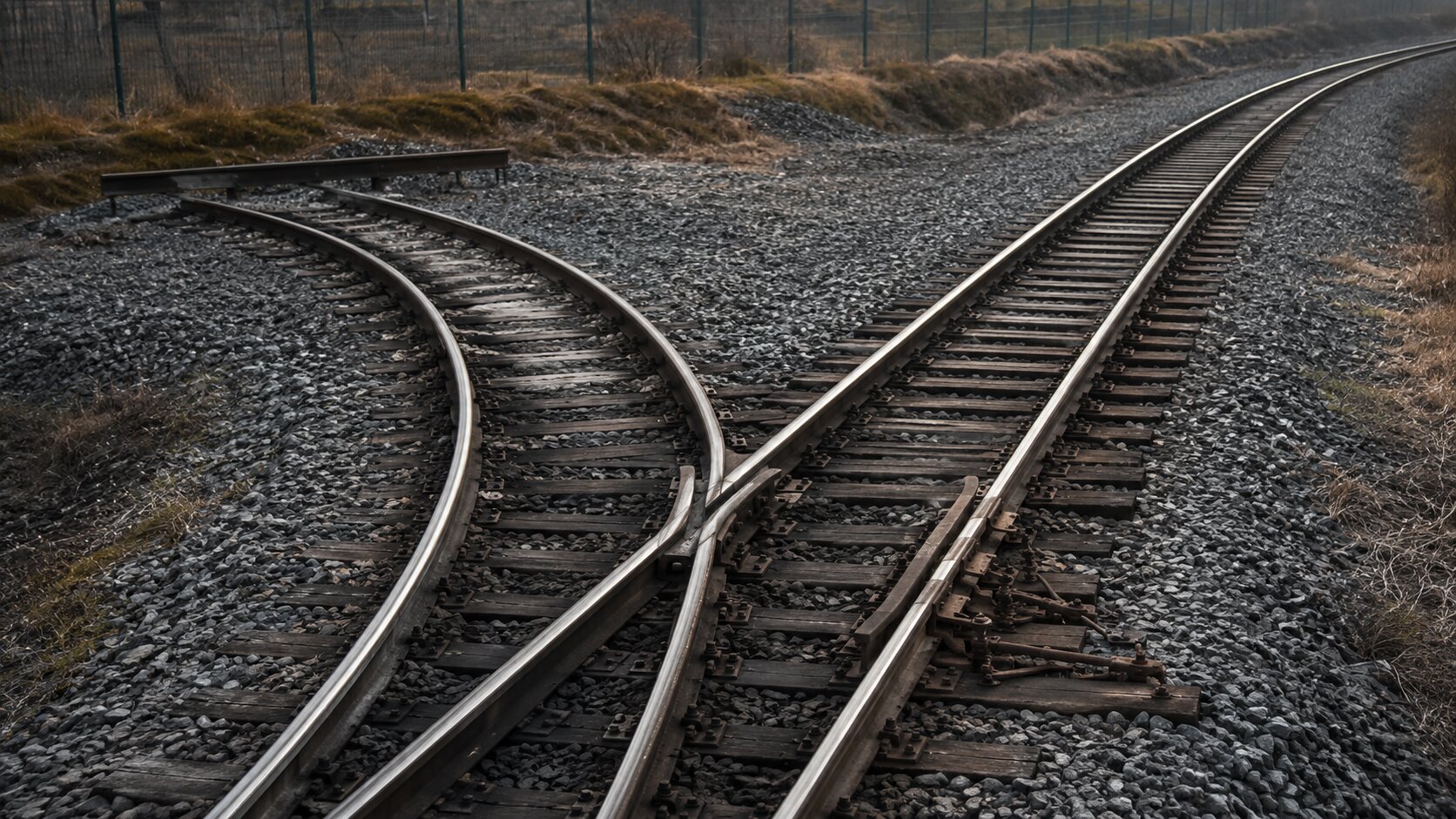 A real railway junction shows heavy wear leading toward a dead-end siding while one correctly aligned switch now directs the route forward, representing support guidance placed at the exact decision where users repeatedly get stuck.