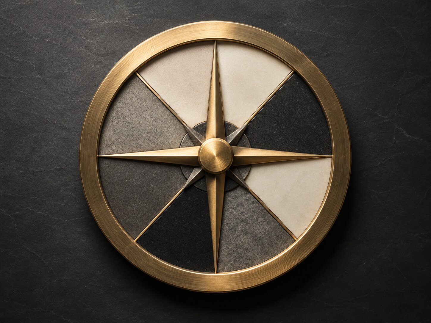 A single sculptural compass-like object representing AI content taxonomy and asset planning before production