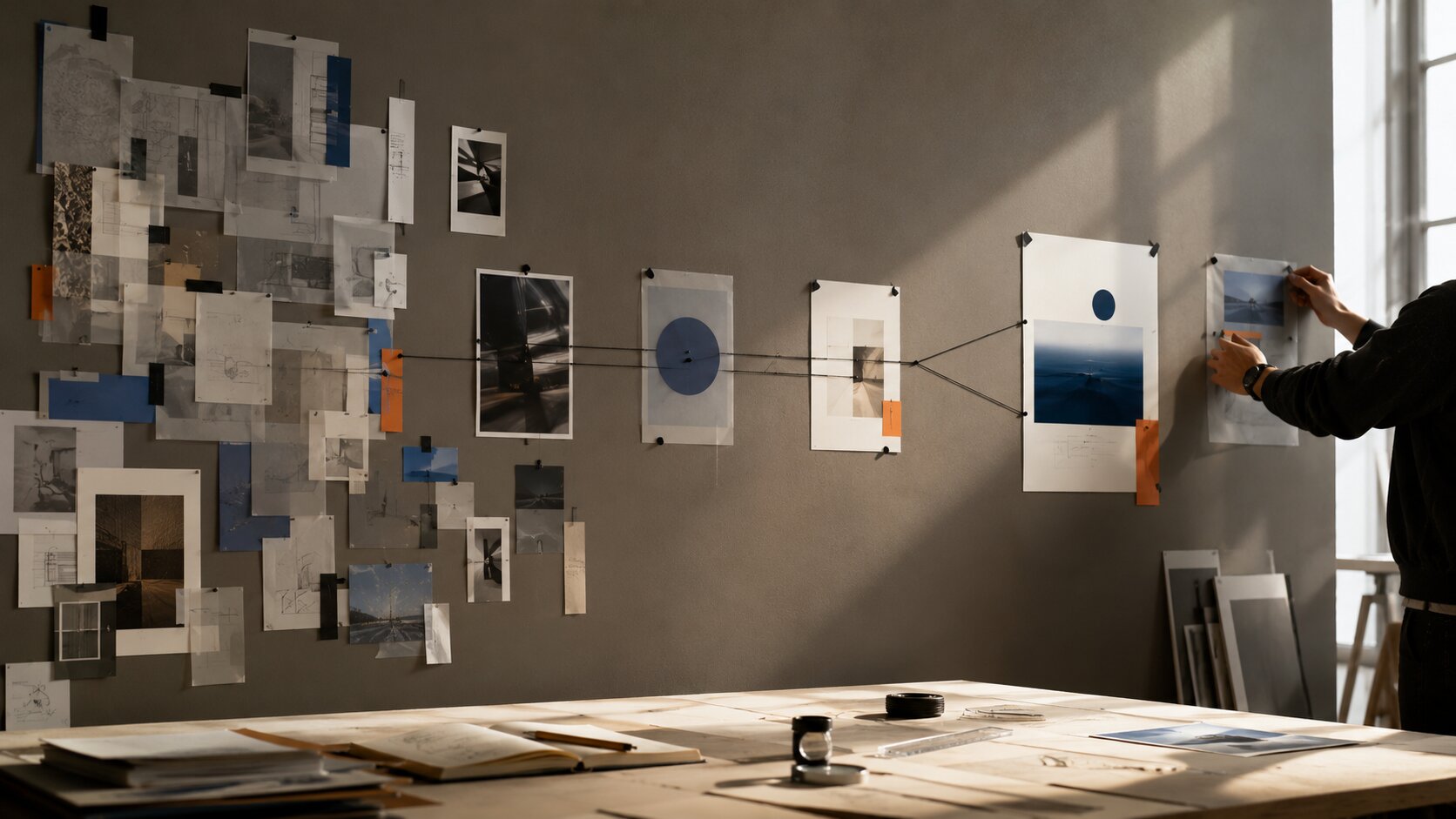 A designer's studio wall uses photographs, transparent sheets, and colored connectors to turn a complex integration into one clear visual sequence.