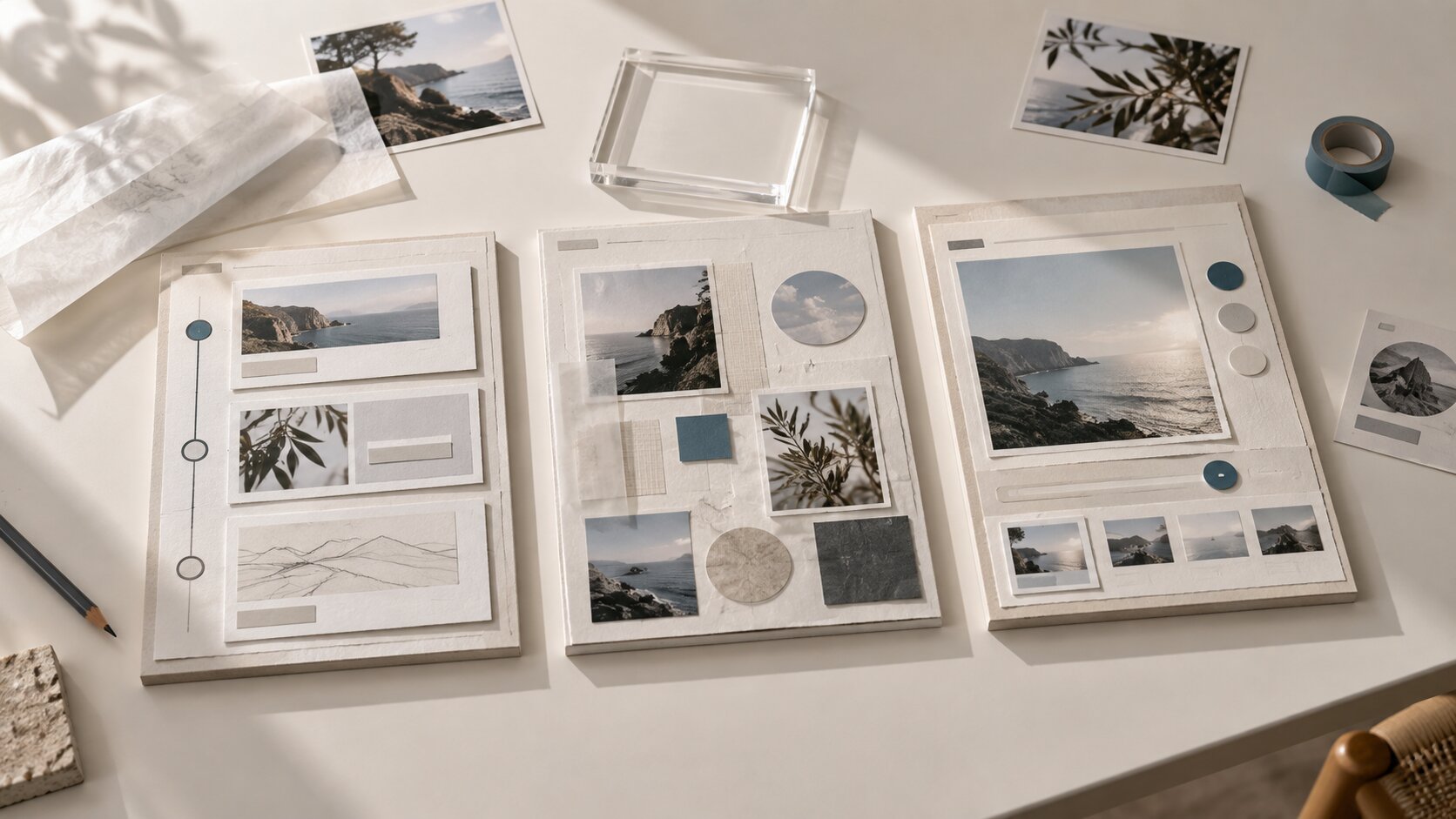 Three handmade paper product prototypes are arranged side by side on a studio table for comparison before detailed design begins.