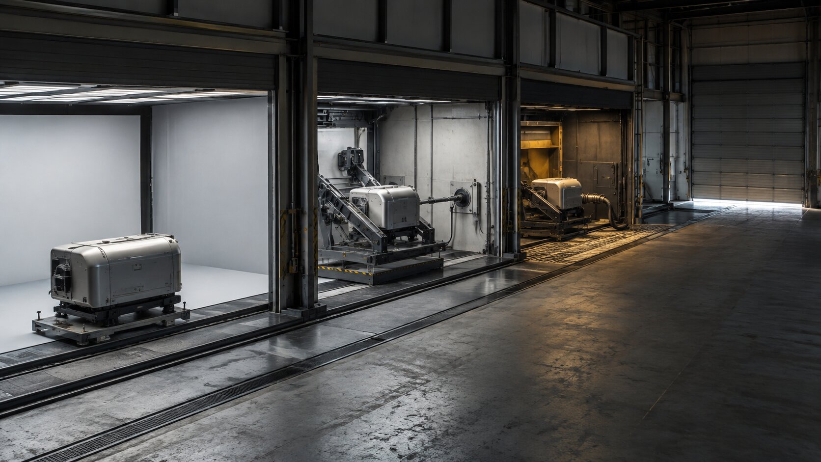A new product component passes through three different preparation bays before a closed dispatch gate, representing marketing, sales, and support getting ready before customers encounter an update.