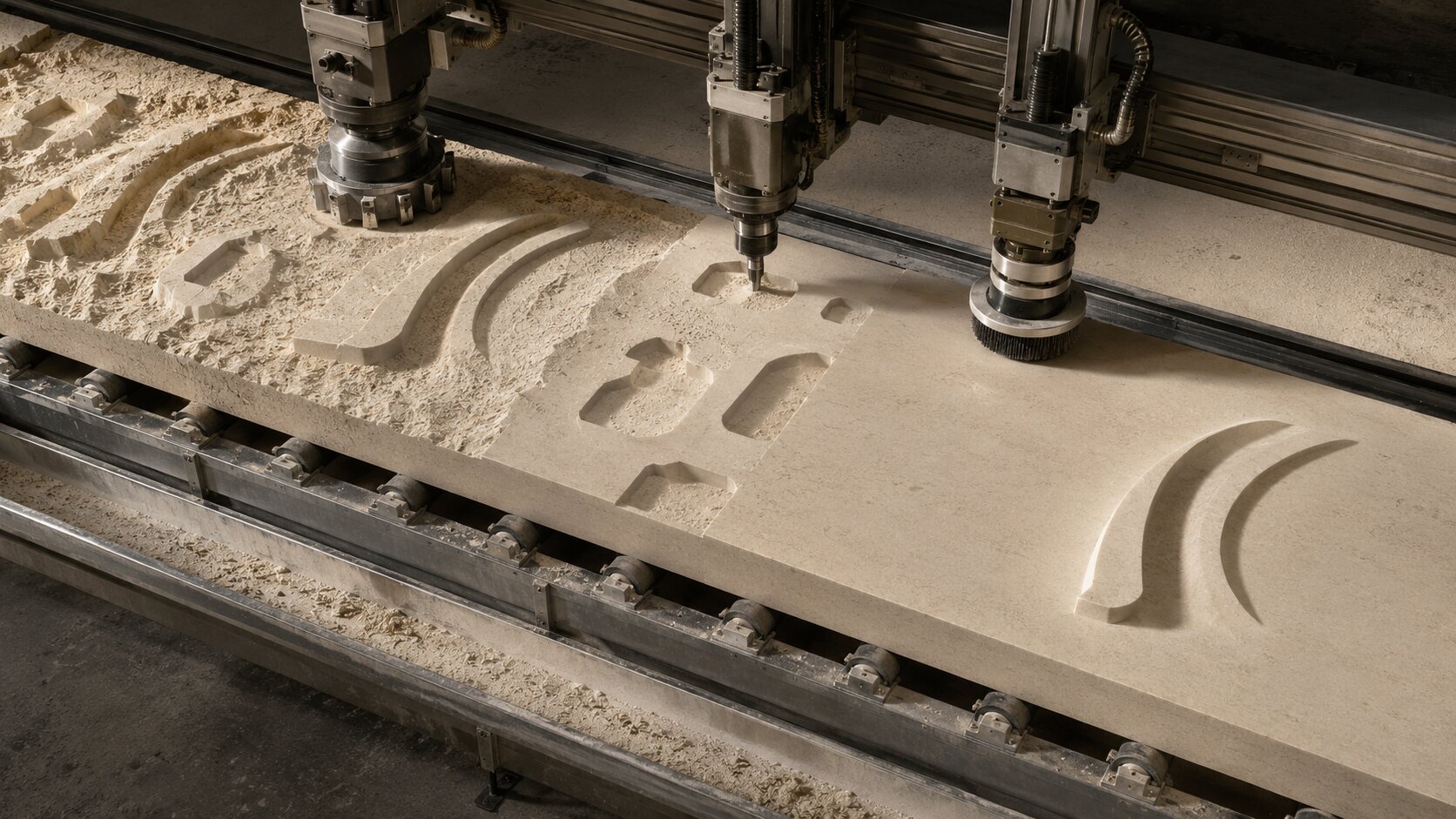 A limestone relief passes through three controlled machining stages that remove competing forms, open negative space, and soften surface noise until one clear shape remains.