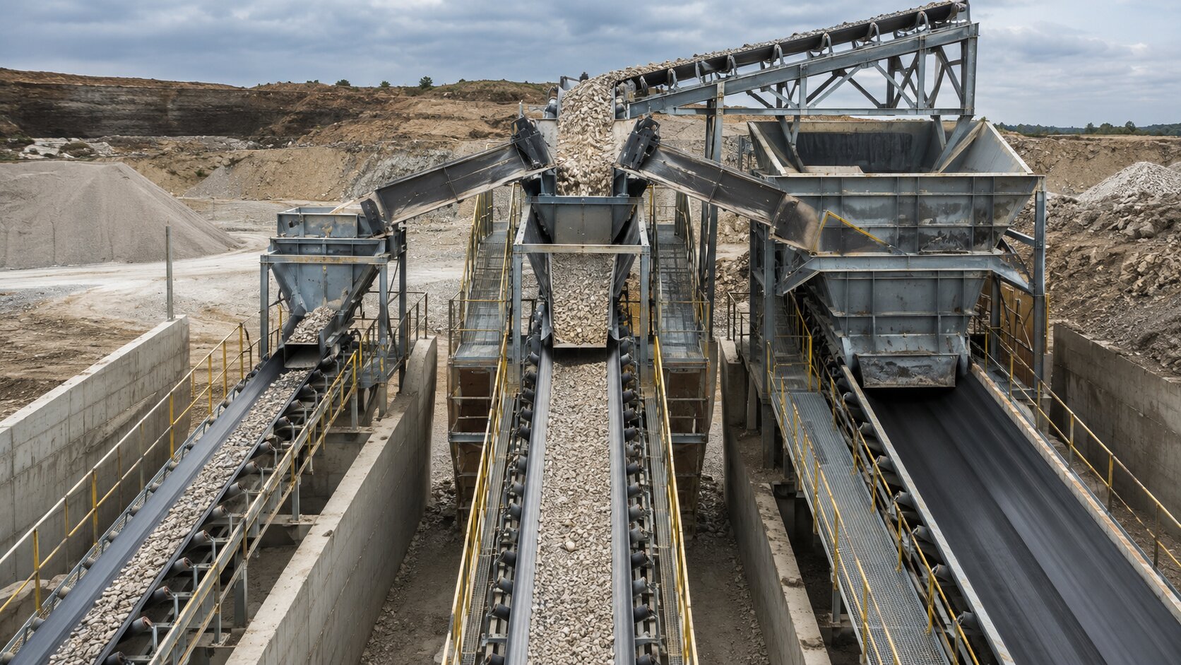 Three industrial processing lanes handle different material volumes, with the middle-capacity route carrying the active load to show how a clear pricing structure should match different levels of real usage.