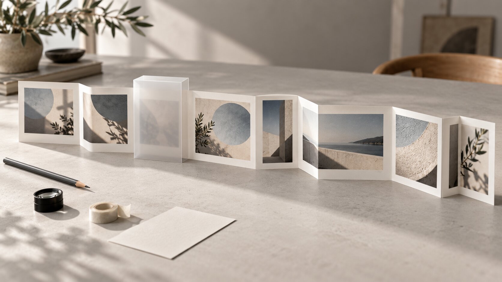 A continuous accordion-style photographic strip moves through a translucent sleeve and expands into a larger coordinated set of creative assets.