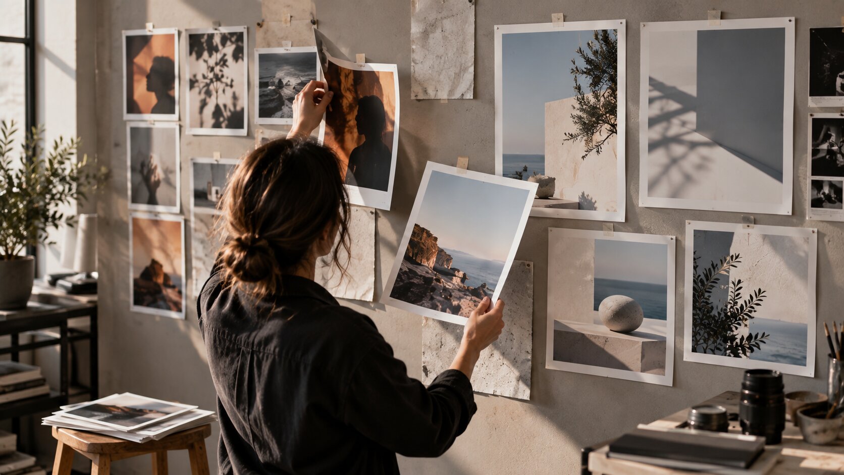 A creative studio wall shows an older campaign being removed while a cleaner new visual direction takes its place.