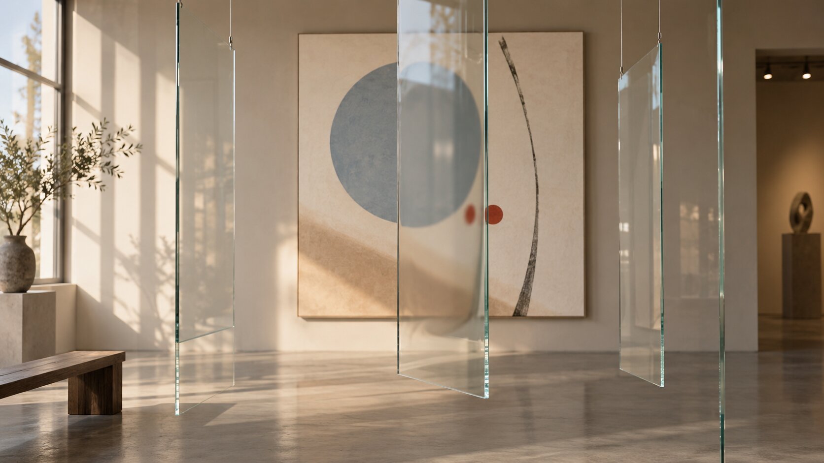 One campaign photograph appears consistent through several clear glass planes until a single distorted section shifts its color and composition.