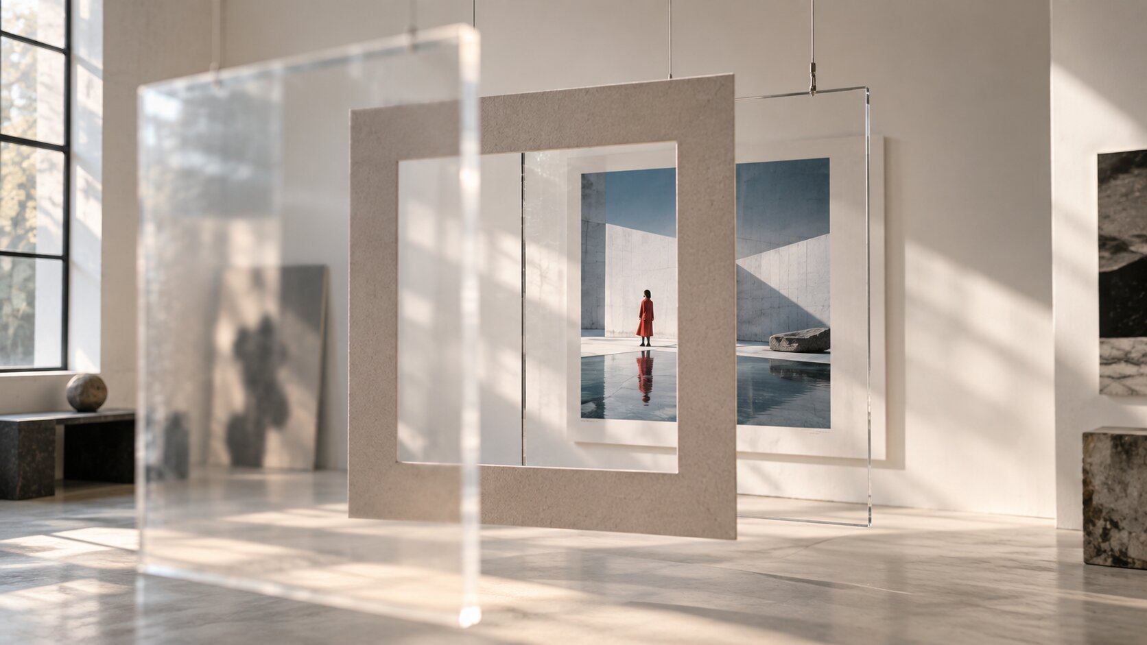A photographic image becomes progressively clearer as it passes through several transparent frames suspended in a bright editorial studio.